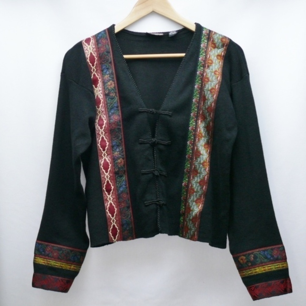 Carole Little Sweater Small Ribbon Black Knit Cardigan Boho